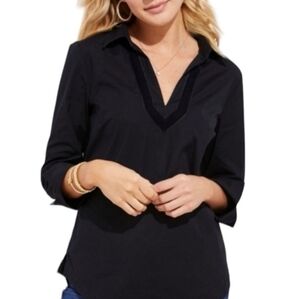 VINEYARD VINES women’s v front Black Popover with Velvet Trim Black blouse top